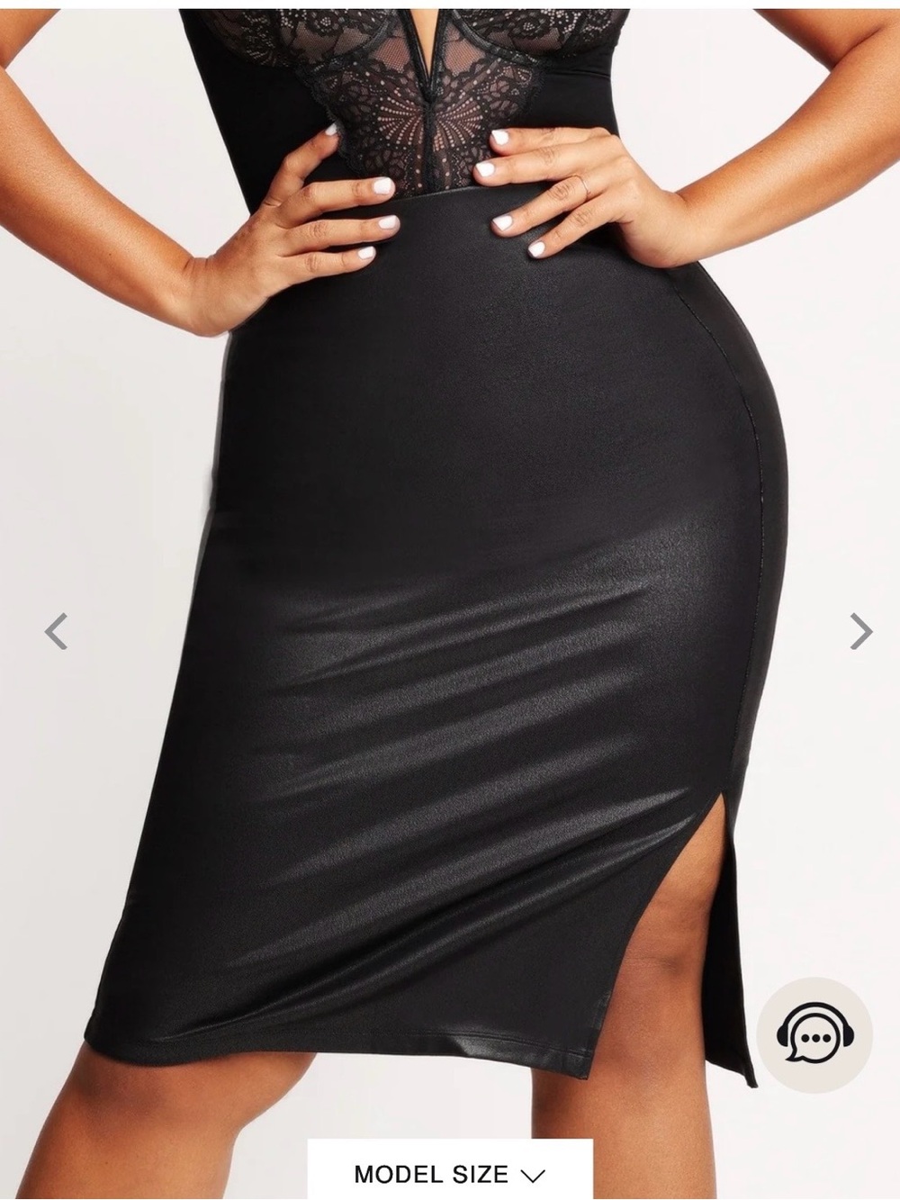 Popilush Black High-Waist Faux Leather Midi Skirt with Side Slit